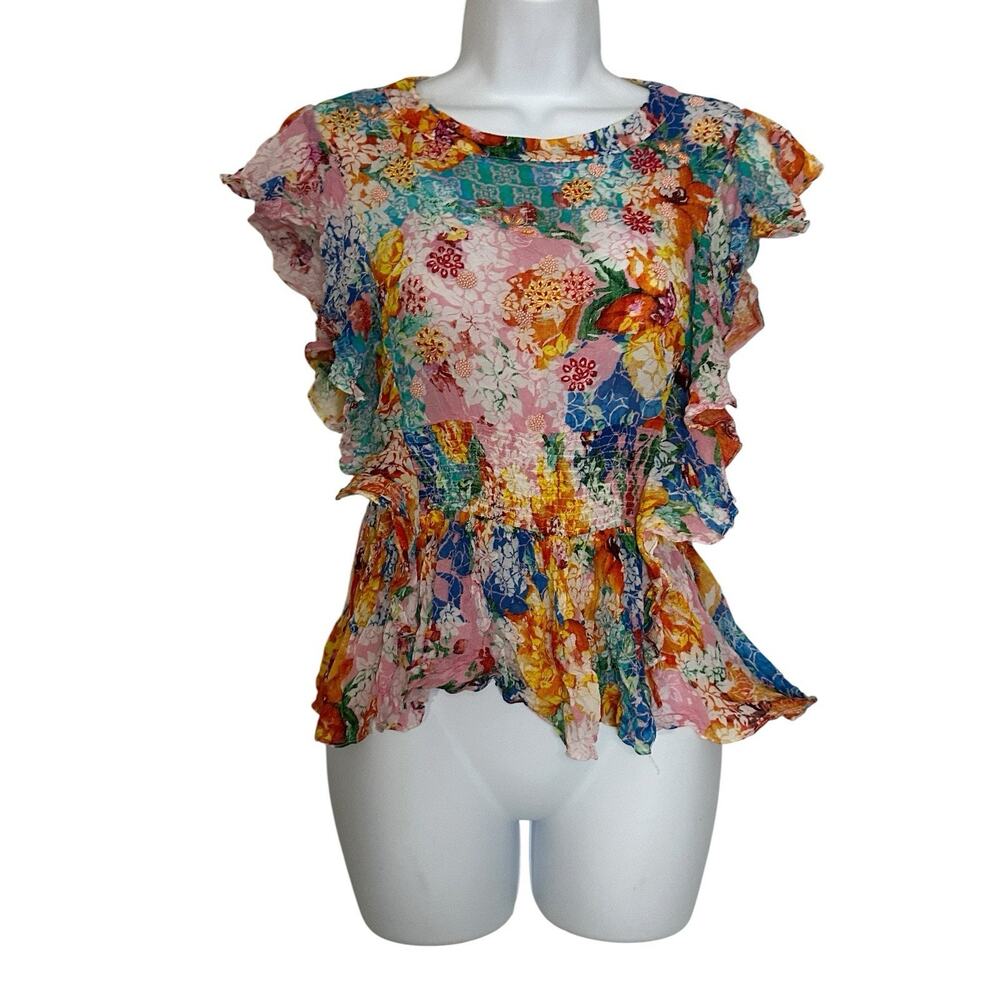Anthropologie Bhanuni by Jyoti Pomelo Floral Beaded Embroidered Ruffle Blouse Sm